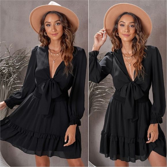 Flounce Sleeve Dress - Black